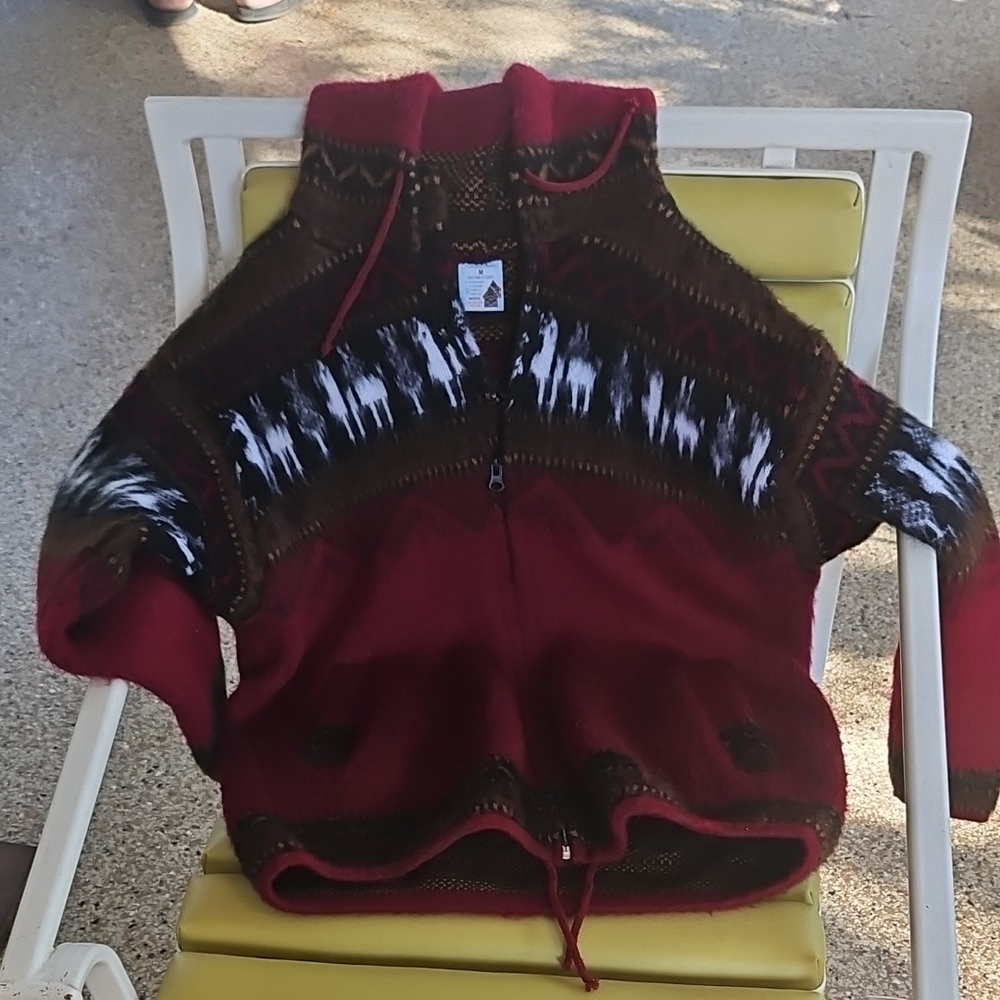 Artesanias Tuntaquimba LLama Print Wool Hooded Zipper Cardigan Sweater M Equador